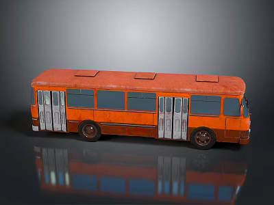 Old Orange Bus with Silver Doors Multiple Windows Rusty Body and Ground Reflection 3d model