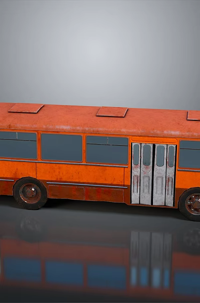 Old Orange Bus with Silver Doors Multiple Windows Rusty Body and Ground Reflection 3d model