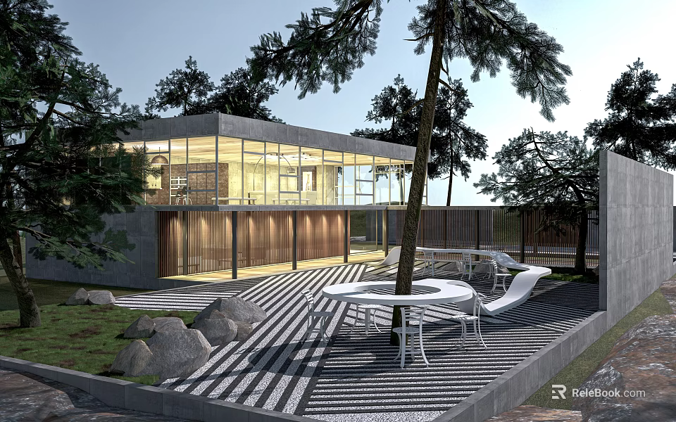 Modern Single Family House with Glass Walls Tree Surrounded Featuring Outdoor Patio and White Furniture 3d model 