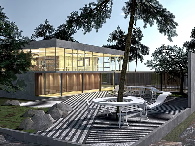 Modern Single Family House with Glass Walls Tree Surrounded Featuring Outdoor Patio and White Furniture 3d model