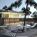 Modern Single Family House with Glass Walls Tree Surrounded Featuring Outdoor Patio and White Furniture