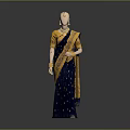 Elegant Blue Sari With Golden Patterns On Mannequin For Traditional Fashion