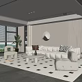 Modern Living Room With Cream Curved Sofa Circular Mirror Geometric Rug And Large Windows