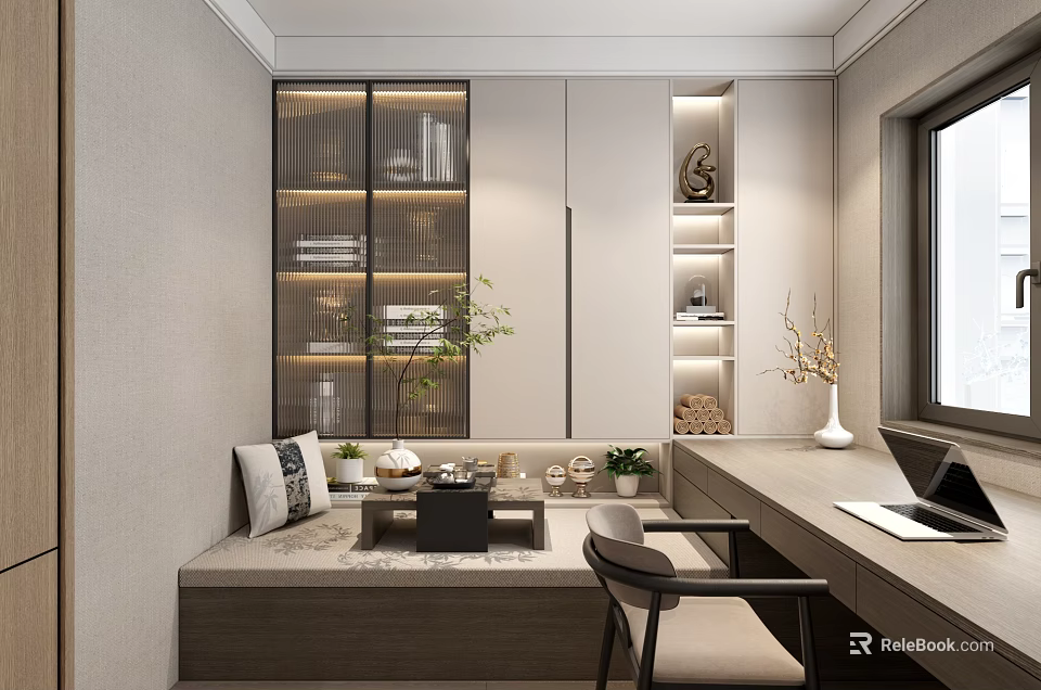 Cozy Modern Tatami Bedroom Interior With Tatami Area Wooden Desk Glass Shelves And Green Plants 3d model 
