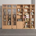 Wooden Bookcase In Living Room With Glass Doors Open Shelves Books Decorations And Potted Plant