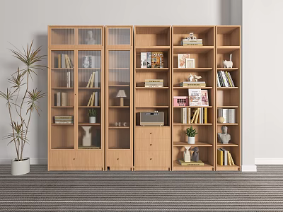 Wooden Bookcase In Living Room With Glass Doors Open Shelves Books Decorations And Potted Plant 3d model