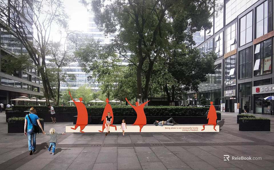 Red Animal Shaped Outdoor Chairs in Urban Park with Trees People Sitting and Kids Playing 3d model 