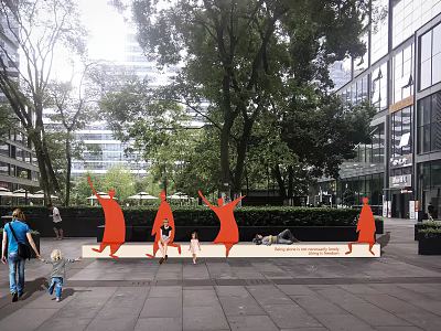 Red Animal Shaped Outdoor Chairs in Urban Park with Trees People Sitting and Kids Playing 3d model
