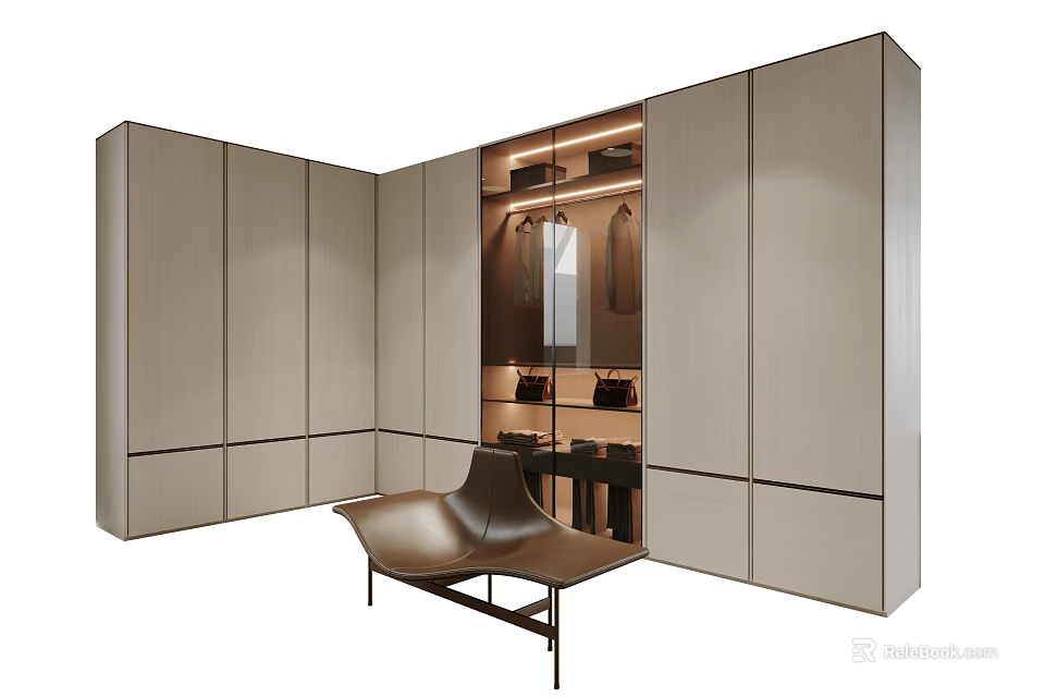 Modern Wooden Wardrobe Interior With Open Storage Hanging Clothes And Chair 3d model 