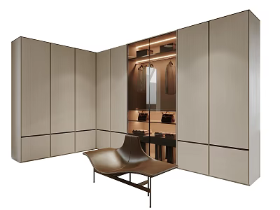 Modern Wooden Wardrobe Interior With Open Storage Hanging Clothes And Chair 3d model