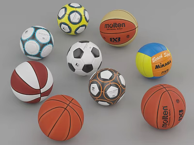Assorted Sports Equipment Balls Including Basketball Soccer Volleyball And Brands Molten Spalding Mitre 3d model