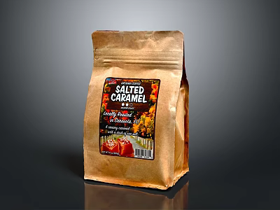 Salted Caramel Food Product in Brown Paper Bag with Label and Design 3d model