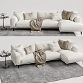 White Sectional Sofa With Multiple Cushions Throw Blanket And Side Table On Gray Rug 3d model