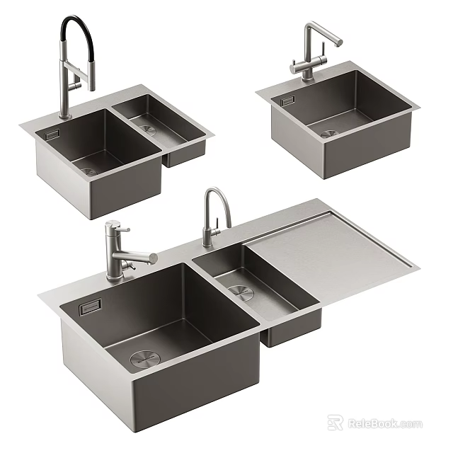 Modern Stainless Steel Kitchen Sink With Double Bowl Faucet And Drainboard Design 3d model 