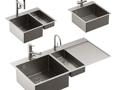 Modern Stainless Steel Kitchen Sink With Double Bowl Faucet And Drainboard Design 3d model