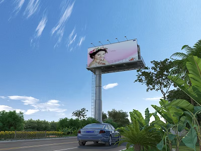 Outdoor Billboard Along Road With Blue Car Trees White Clouds And Blue Sky 3d model