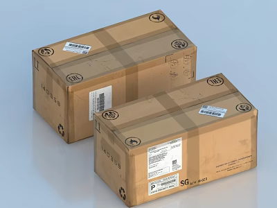 Two Brown Tape Sealed Cardboard Boxes With Shipping Labels And Logos 3d model