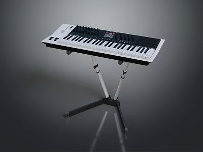 Modern Electronic Keyboard with Black Keys and Control Knobs on Tripod Stand 3d model
