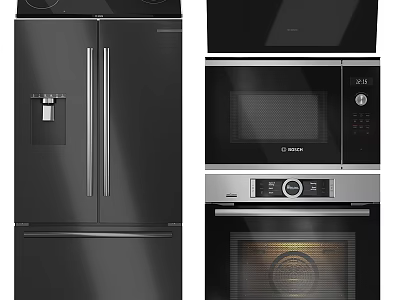 Black Stainless Steel Kitchen Appliances Set With Refrigerator Microwave And Oven 3d model