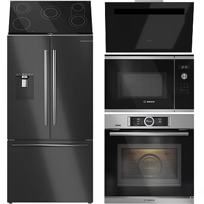 Black Stainless Steel Kitchen Appliances Set With Refrigerator Microwave And Oven 3d model