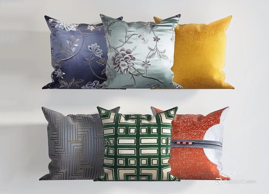 Various Decorative Throw Pillows With Floral Geometric Patterns And Solid Colors 3d model