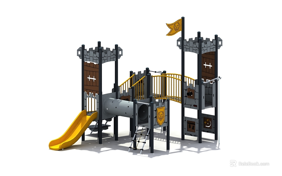 Fun Castle Themed Playground Equipment With Yellow Slide Tower And Climbing Elements 3d model 
