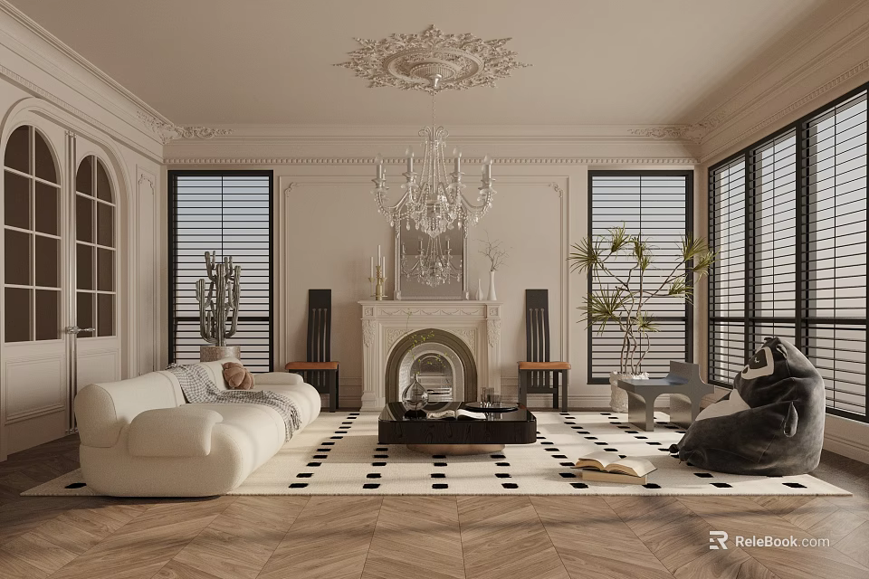 Elegant Living Room Interior Design With Ornate Chandelier Fireplace White Sofa And Checkered Rug 3d model 