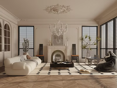 Elegant Living Room Interior Design With Ornate Chandelier Fireplace White Sofa And Checkered Rug 3d model