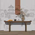 Chinese Style Console Table with Bamboo Vase Fruits and Teaware on Ancient Building Backdrop