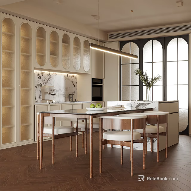 Modern Restaurant Interior Design With Wooden Dining Table White Seats And Arched Windows 3d model 