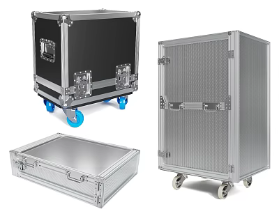 Aluminum Flight Cases With Blue Wheels Latches And Open Top Design 3d model