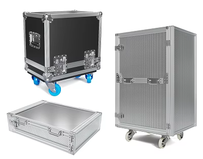 Aluminum Flight Cases With Blue Wheels Latches And Open Top Design 3d model