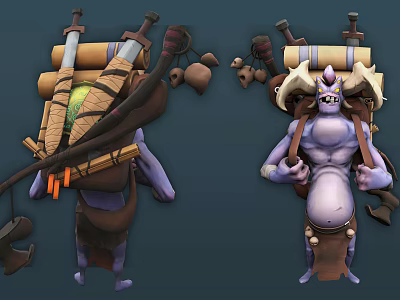 Fantasy Characters And Creatures With Horns Mask Purple Skin Carrying Scrolls Swords And Bags 3d model