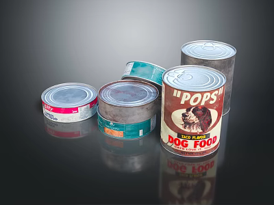 Colorful Pops Dog Food Cans With Various Labels On Reflective Surface 3d model