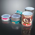 Colorful Pops Dog Food Cans With Various Labels On Reflective Surface