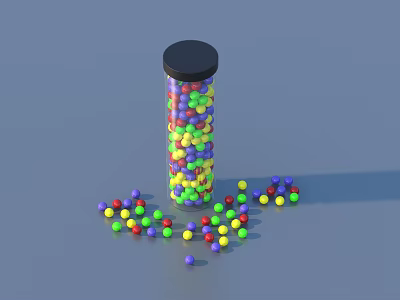 Transparent Cylindrical Container With Black Lid And Colorful Balls Scattered On Light Blue Background 3d model