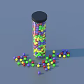 Transparent Cylindrical Container With Black Lid And Colorful Balls Scattered On Light Blue Background