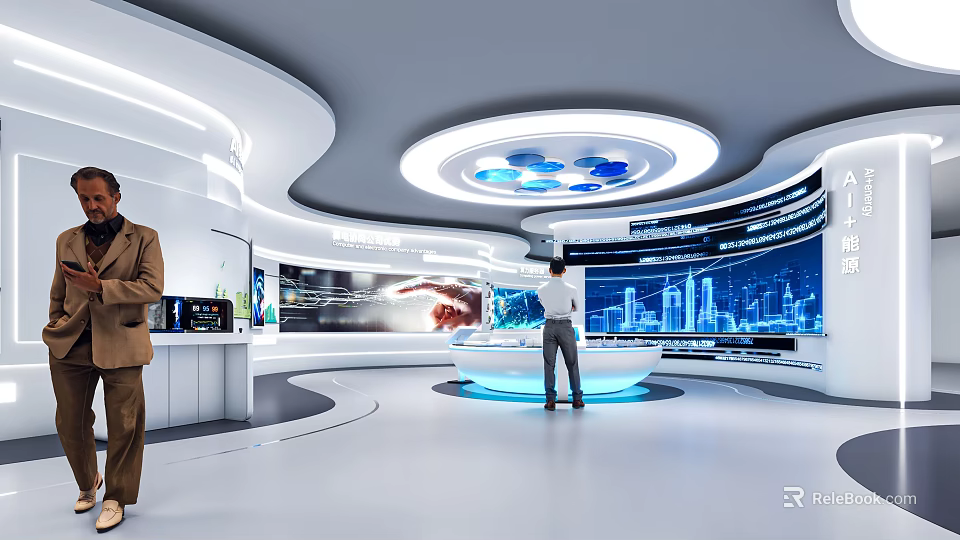 Modern Technology Exhibition Hall With Curved White Design Circular Ceiling Lights And Interactive Digital Displays 3d model 
