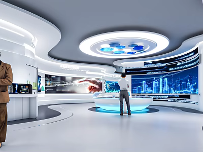 Modern Technology Exhibition Hall With Curved White Design Circular Ceiling Lights And Interactive Digital Displays 3d model
