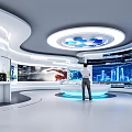 Modern Technology Exhibition Hall With Curved White Design Circular Ceiling Lights And Interactive Digital Displays