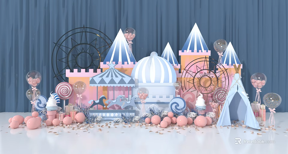 Fairy Tale Themed Photo Check-in Spot With Carousel Castle Lollipops Ice Cream And Balloons 3d model 