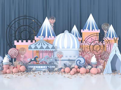 Fairy Tale Themed Photo Check-in Spot With Carousel Castle Lollipops Ice Cream And Balloons 3d model