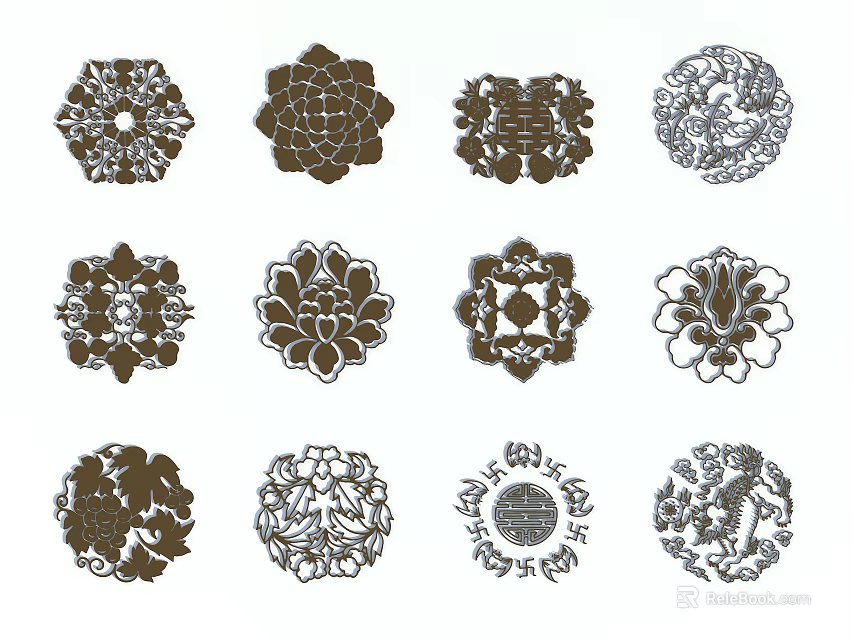 Intricate Decorative Carvings With Various Circular Floral And Geometric Patterns 3d model 