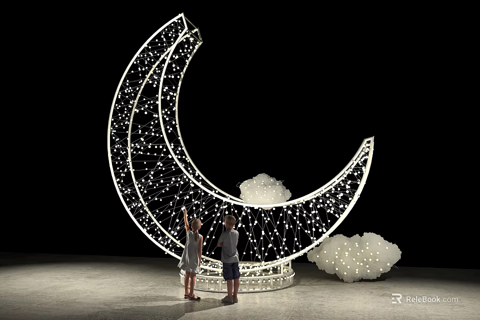 Crescent Moon Shaped Art Installation With Starry Lighting and Cloud Decorations as People Stand Nearby 3d model 
