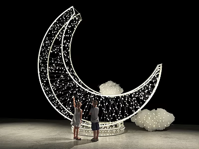 Crescent Moon Shaped Art Installation With Starry Lighting and Cloud Decorations as People Stand Nearby 3d model