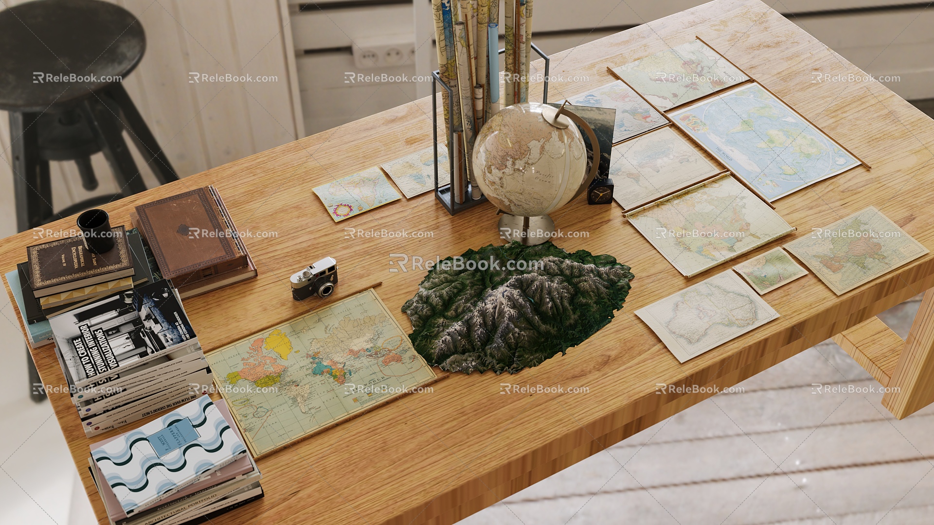 Modern Map Globe Book Accessories 3d model