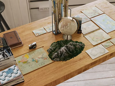 Geographic Wall Decor With Maps Globe And Camera 3d model Geographic Wall Decor With Maps Globe And Camera 3d model