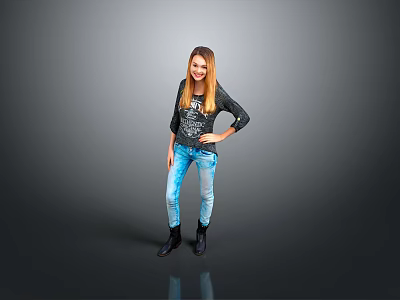 Woman In Black Top And Blue Jeans Posing With Hand On Hip Against Gray Background 3d model