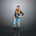 Woman In Black Top And Blue Jeans Posing With Hand On Hip Against Gray Background