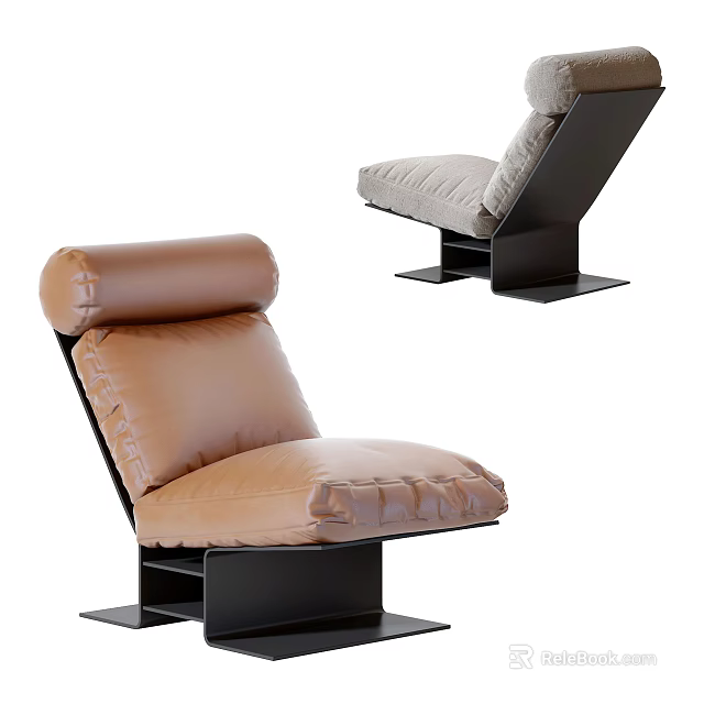 Modern Lounge Chair Featuring Brown Upholstery And Light Gray Cushions With Black Metal Frame 3d model 